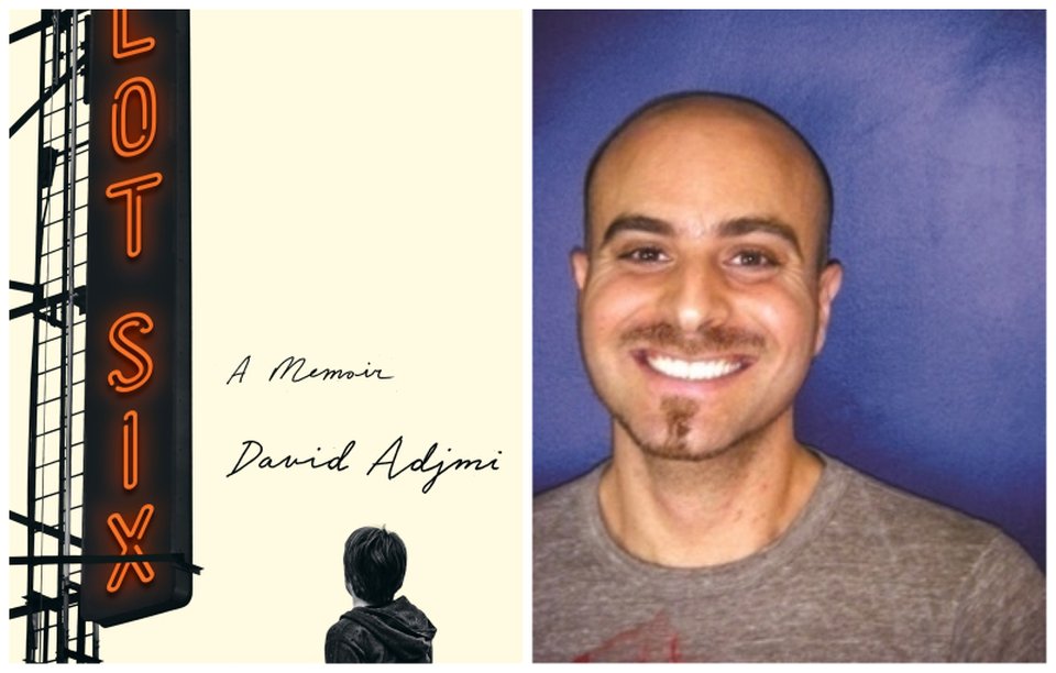 Headshot of author David Adjmi along with the cover of his memoir, Lot Six