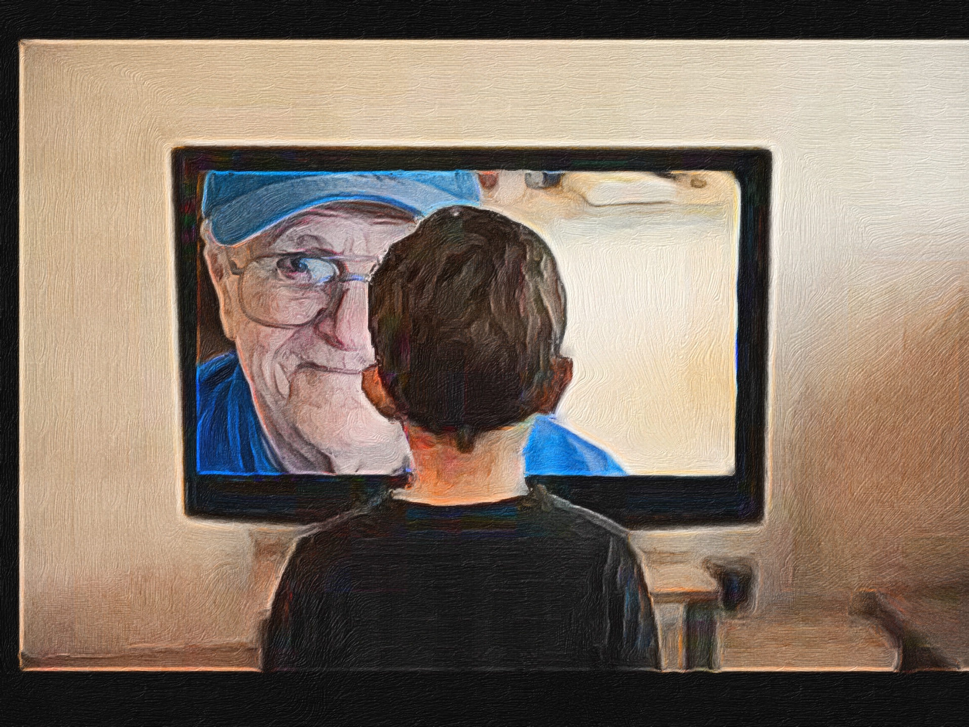 Painting of a kid watching a TV screen