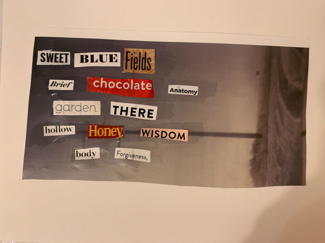 Collage of magazine cutouts to create a found poem