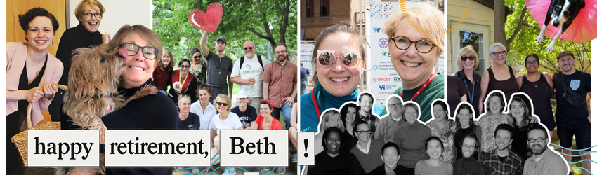 A collage of photos with Beth with multiple colleagues over the years.